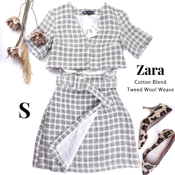 New Zara Grey White Cotton Tweed Weave Dress Size S - Picture 11 of 16